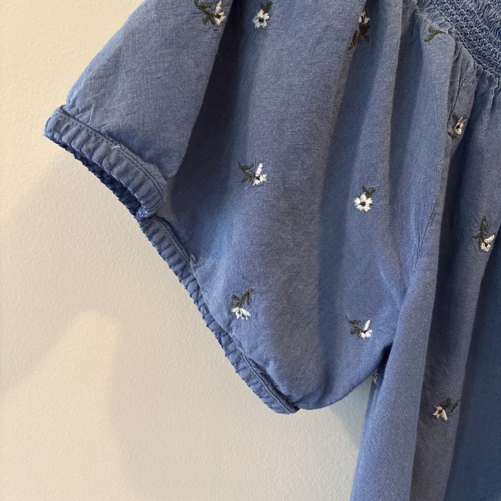 Smocked Neck Womens Blue Cotton Flower Cottagecore dress Large - Picture 3 of 6